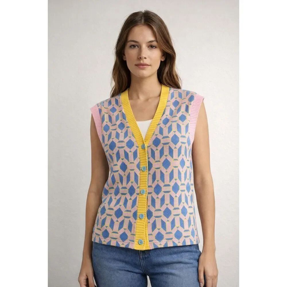 Zara Colorful Geometric Knit Button Sweater Vest Women Small